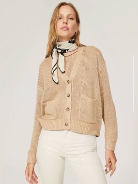 POLO RALPH LAUREN Linen cotton Beige V-Neck Button Front Sweater Cardigan